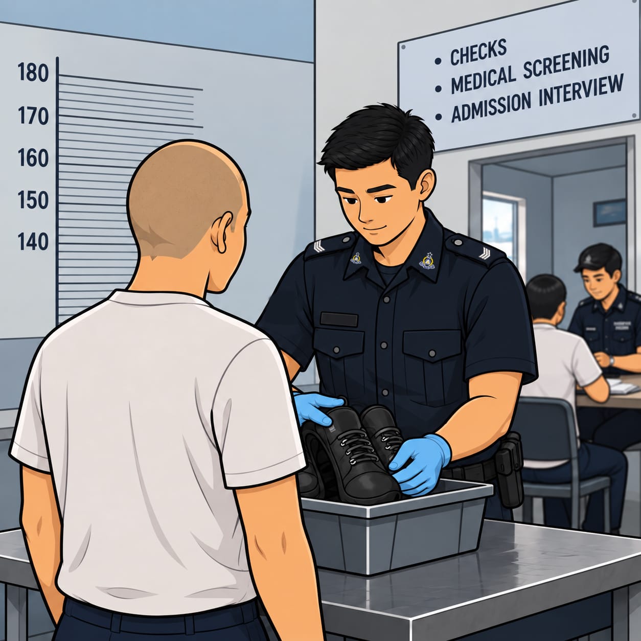 Officer in gloves examines a pair of shoes on a table while a man in a white shirt watches.